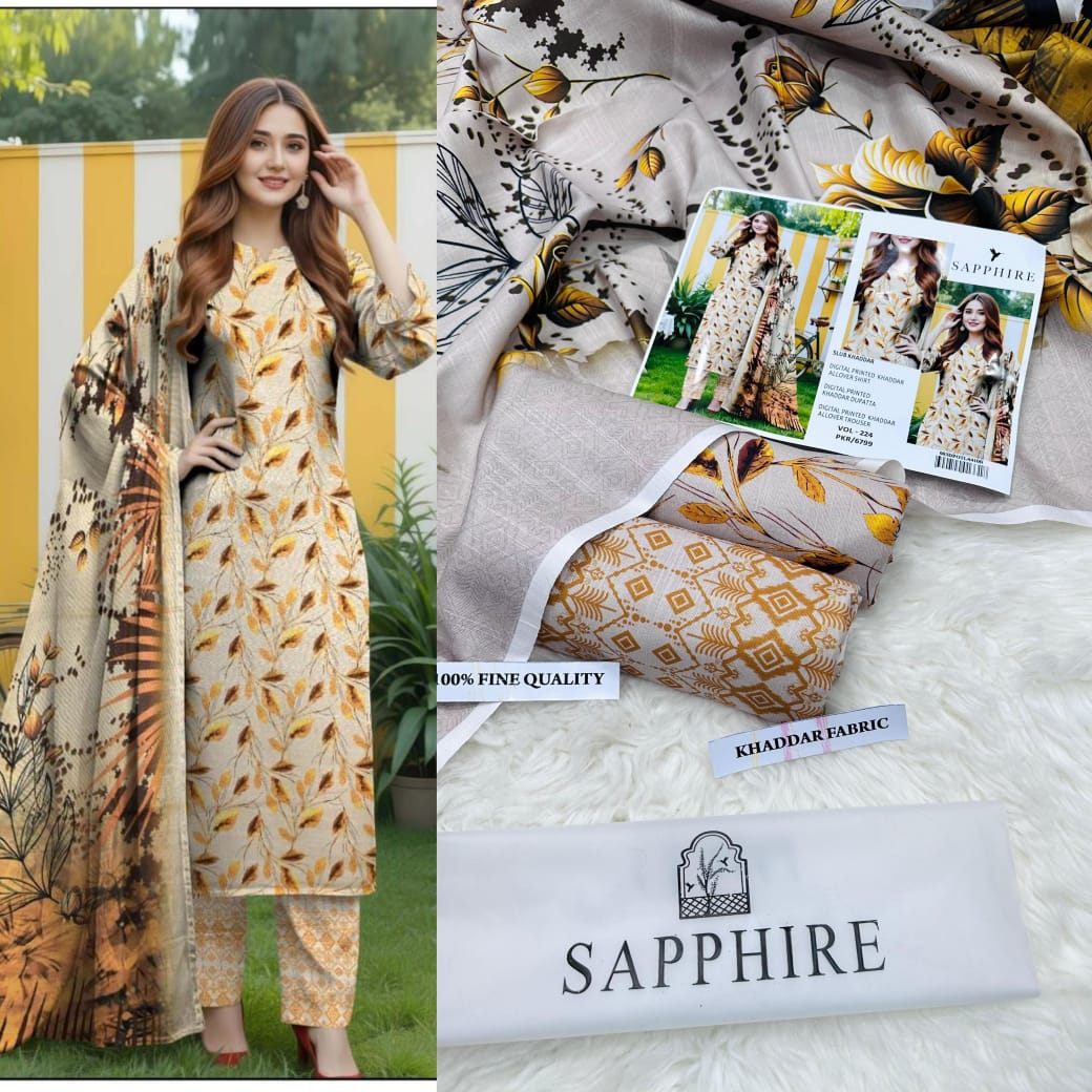 Sapphire Digital Printed Khaddar 3-Piece Unstitched Suit - Winter Elegance