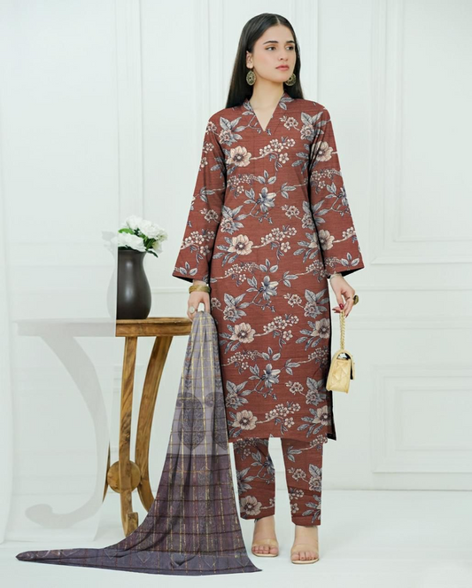 Elegant Embroidered Lawn Suit with Chiffon Dupatta – 3 Piece Unstitched Women’s Outfit