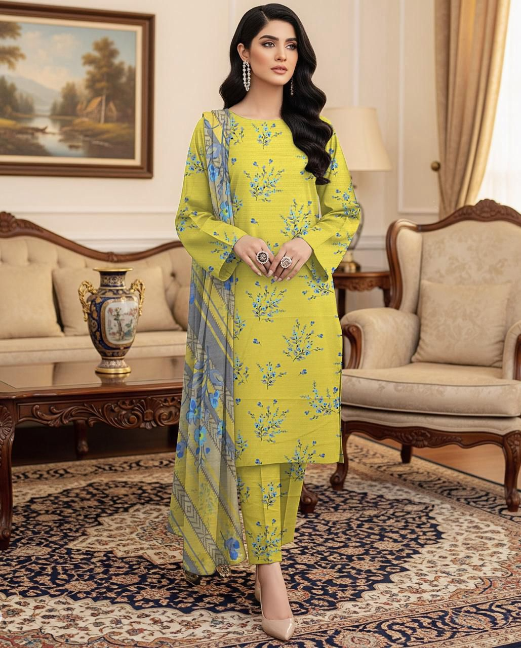 Elegant Embroidered Lawn Suit with Chiffon Dupatta – 3 Piece Unstitched Women’s Outfit