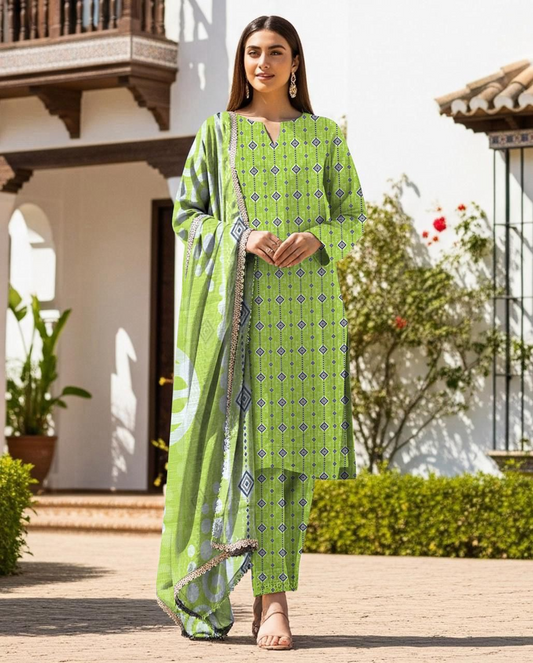 Elegant Embroidered Lawn Suit with Chiffon Dupatta – 3 Piece Unstitched Women’s Outfit