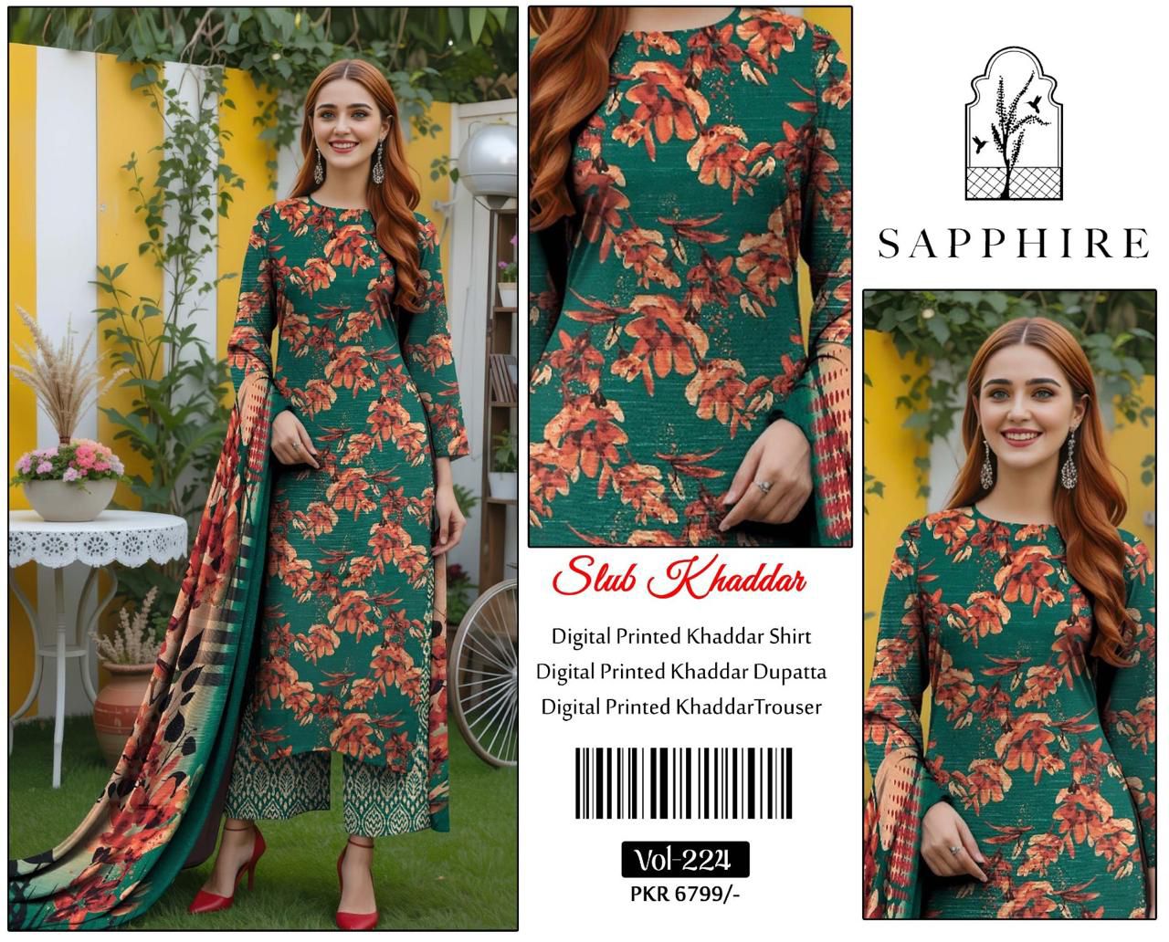 Sapphire Digital Printed Khaddar 3-Piece Unstitched Suit - Winter Elegance