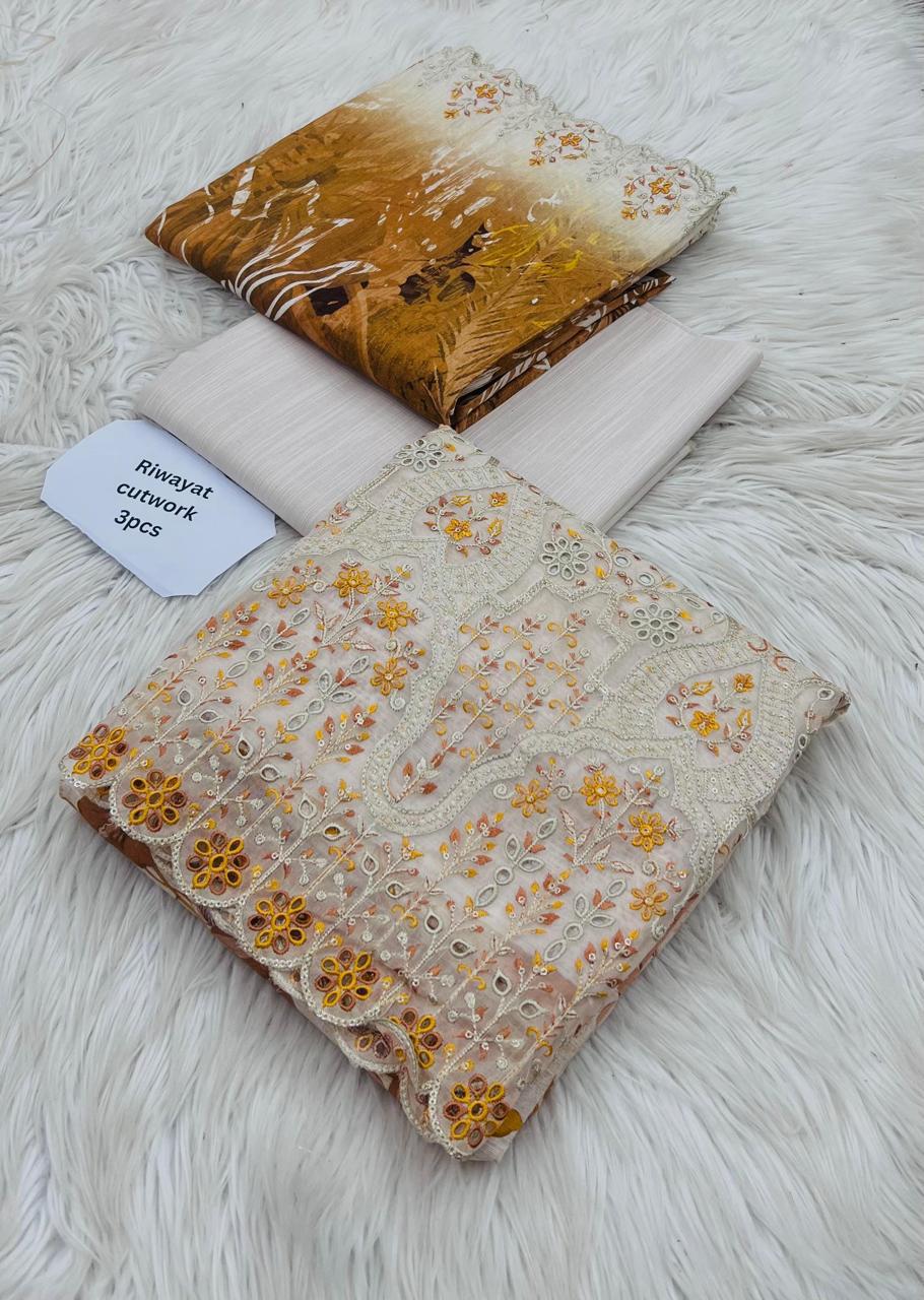 Riwayat Cutwork Embroidery and Ikat Print Unstitched 3-Piece Suit