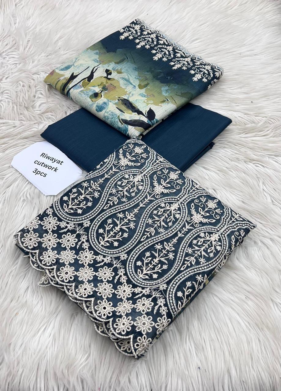 Riwayat Cutwork Embroidery and Ikat Print Unstitched 3-Piece Suit