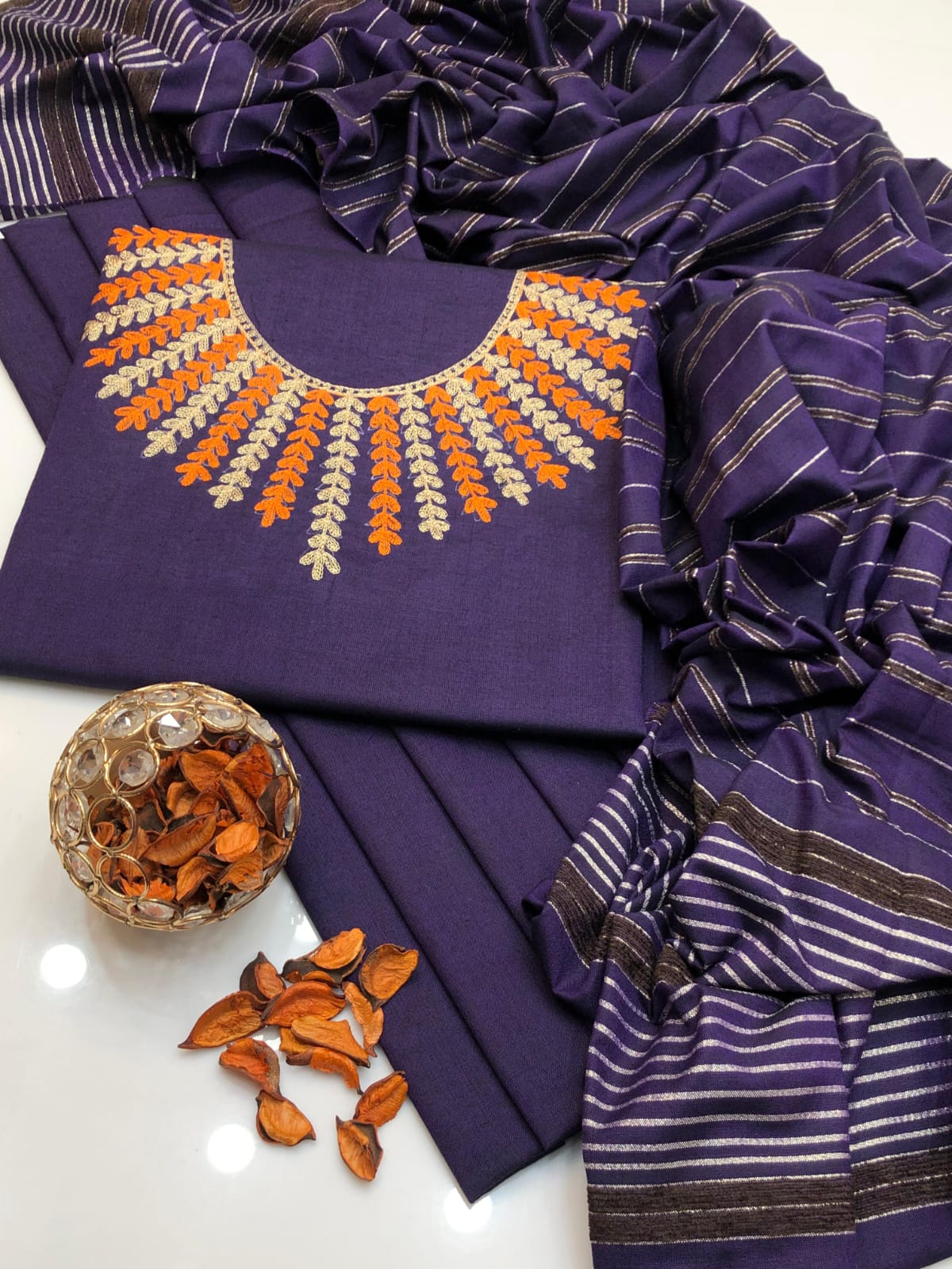 Regal Violet Embroidered Kurta Set with Striped Handloom Dupatta