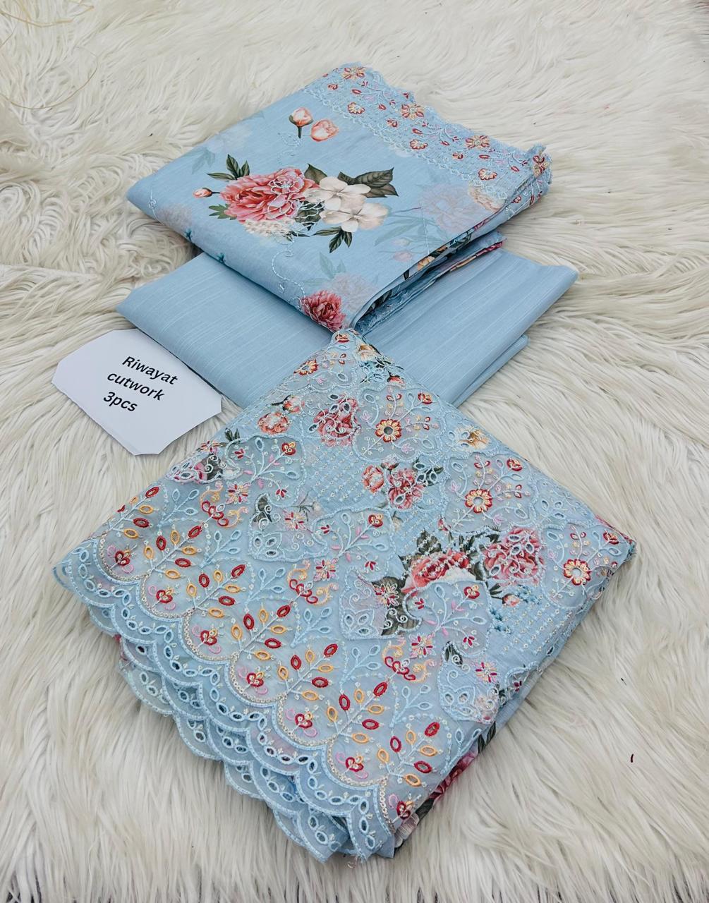 Riwayat Cutwork Embroidery and Ikat Print Unstitched 3-Piece Suit