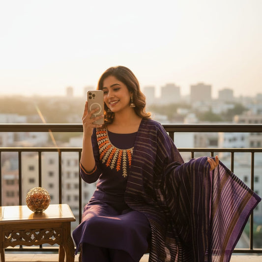 Regal Violet Embroidered Kurta Set with Striped Handloom Dupatta