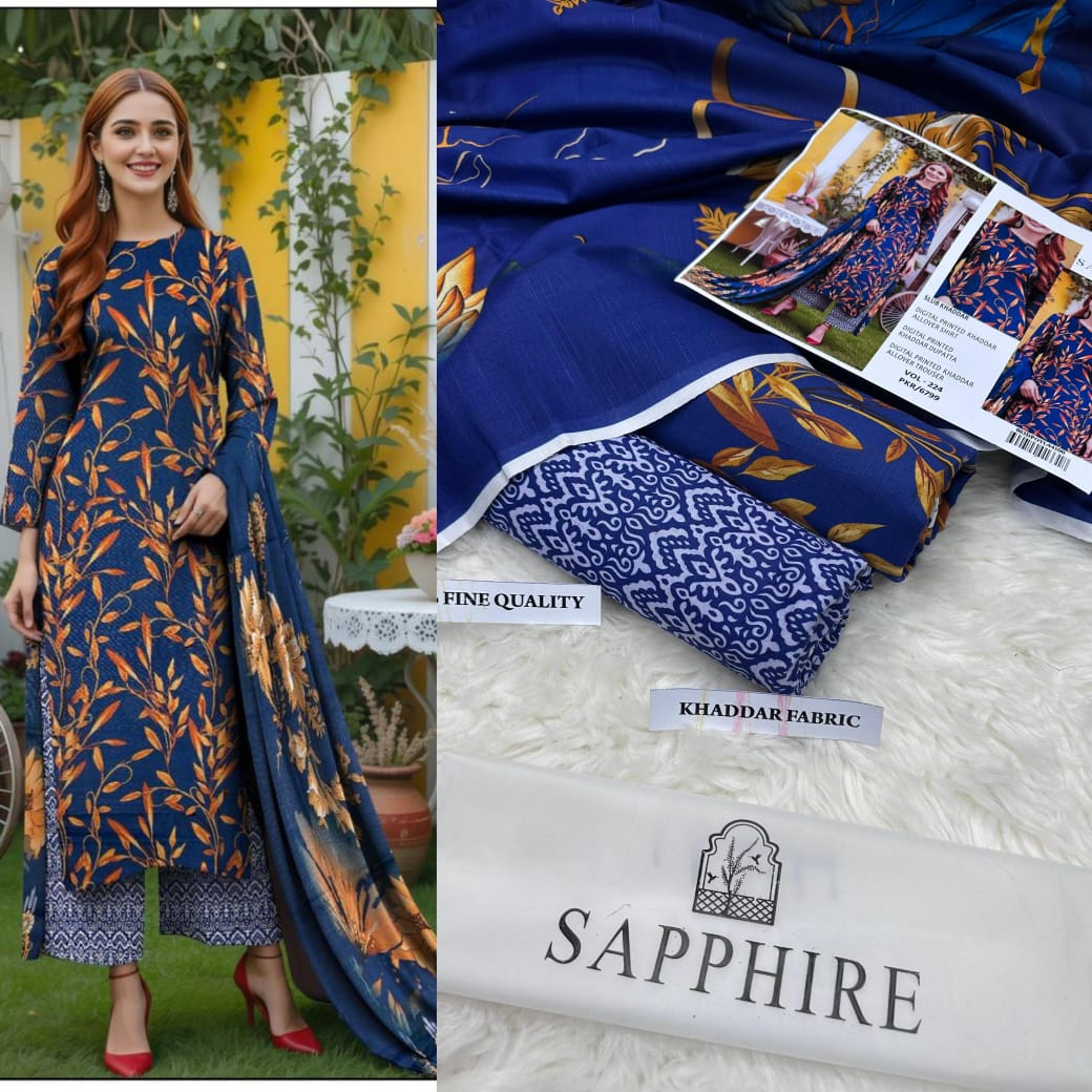 Sapphire Digital Printed Khaddar 3-Piece Unstitched Suit - Winter Elegance