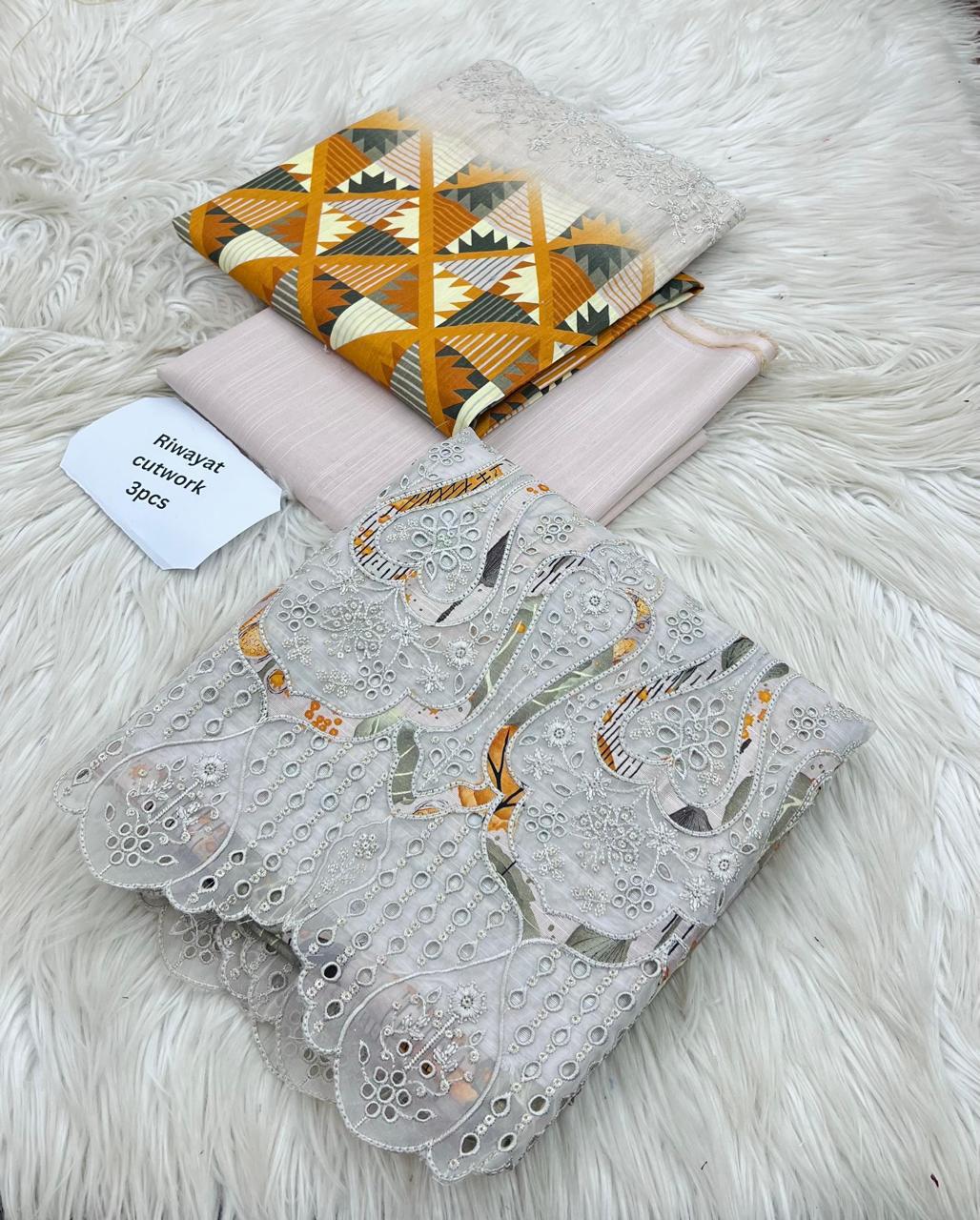 Riwayat Cutwork Embroidery and Ikat Print Unstitched 3-Piece Suit