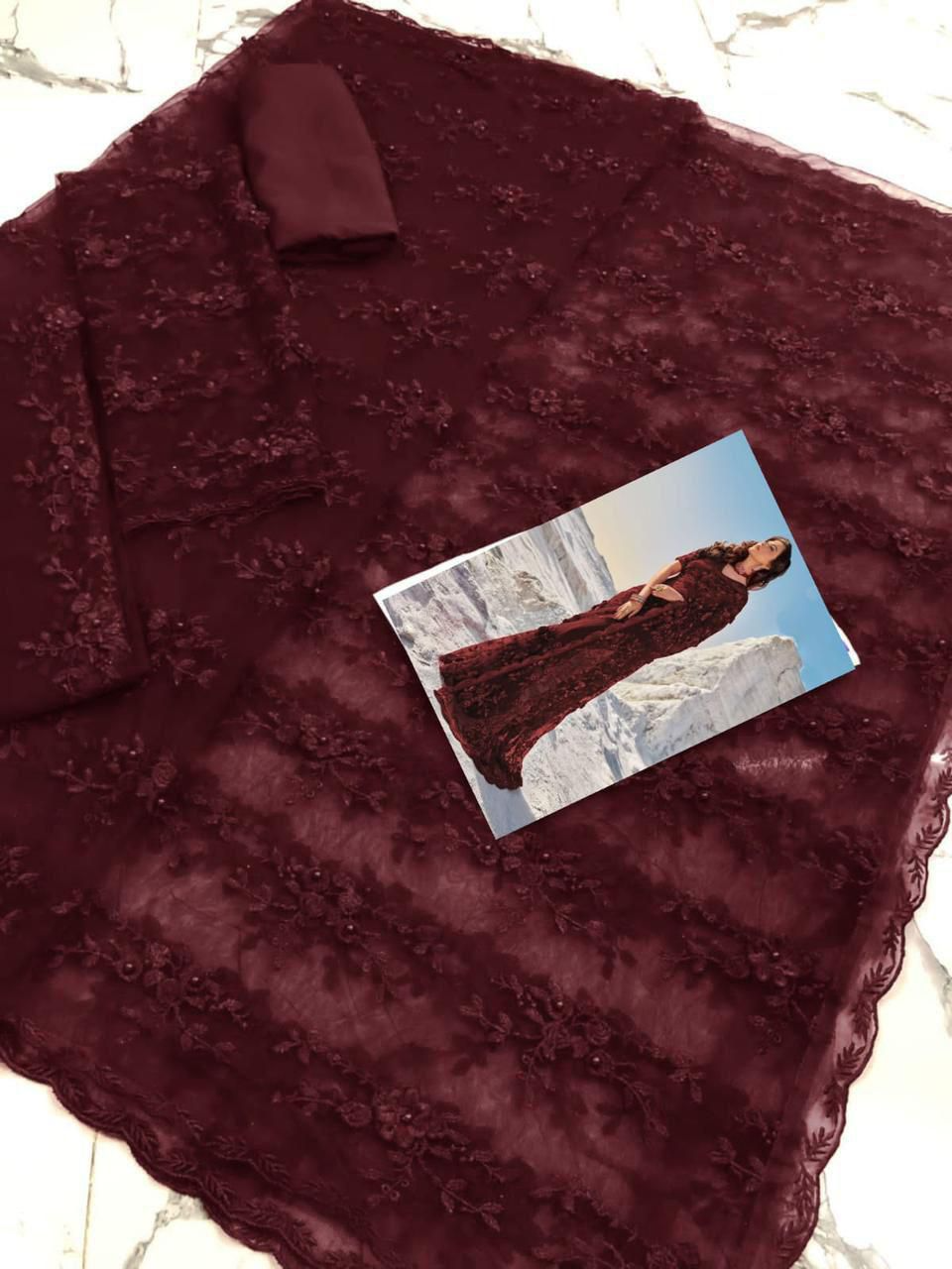 Indian Stylish Net Saree – 3D Floral Work