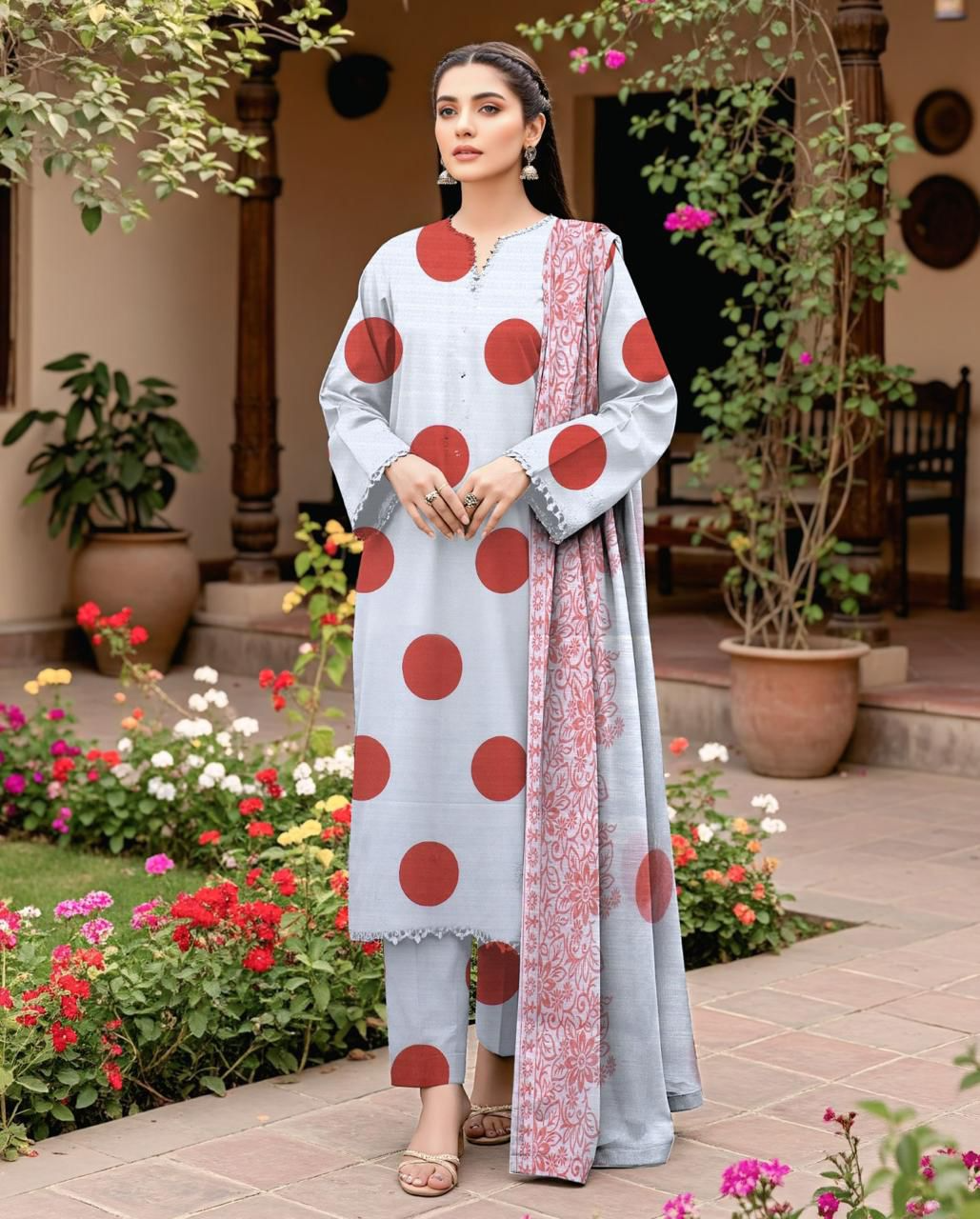 Elegant Embroidered Lawn Suit with Chiffon Dupatta – 3 Piece Unstitched Women’s Outfit