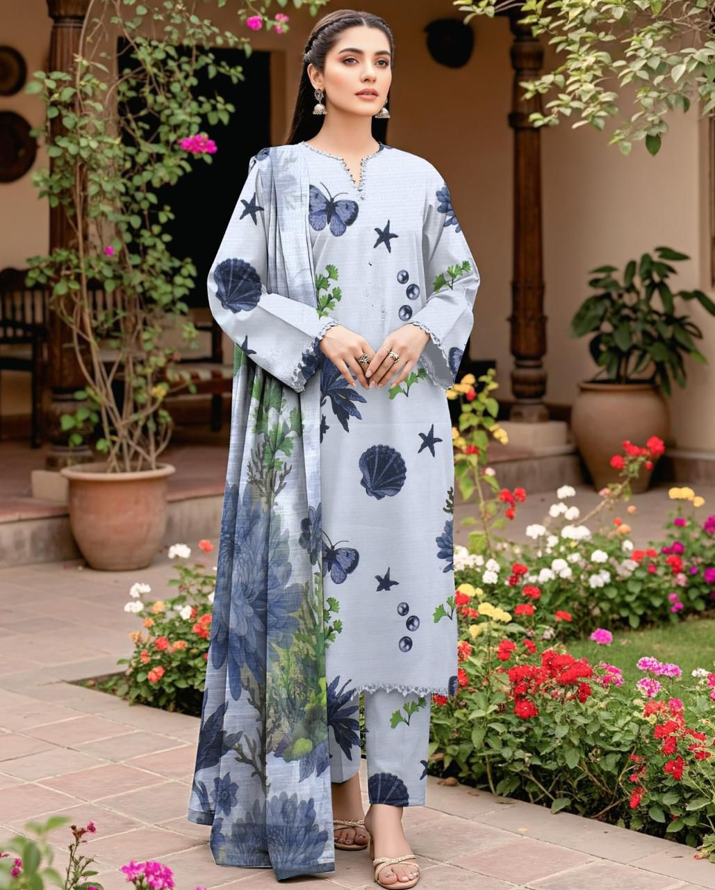 Elegant Embroidered Lawn Suit with Chiffon Dupatta – 3 Piece Unstitched Women’s Outfit