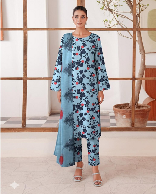 Elegant Embroidered Lawn Suit with Chiffon Dupatta – 3 Piece Unstitched Women’s Outfit