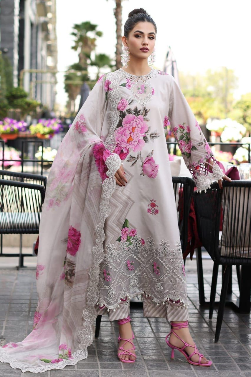 Elegant Embroidered Lawn Suit with Chiffon Dupatta – 3 Piece Unstitched Women’s Outfit